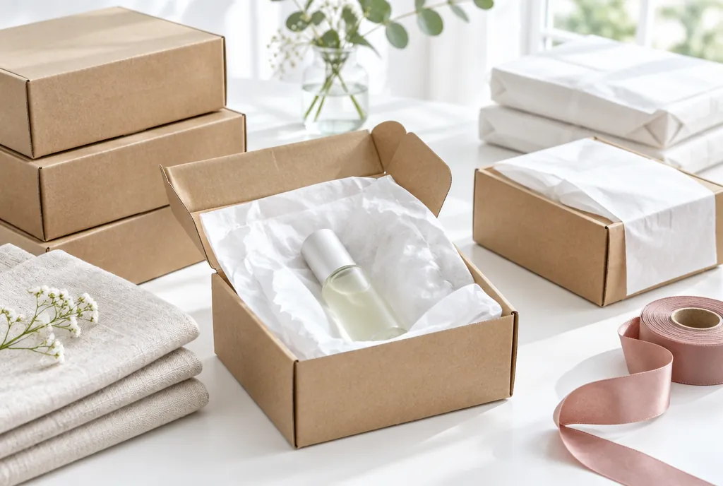 Kraft shipping boxes with tissue paper, a glass bottle, and rose ribbon ready to ship