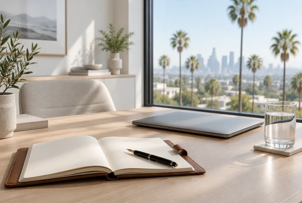 Open notebook, fountain pen, and laptop on an oak desk with palm trees outside the window